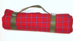 Large Foldable Red with White Blue Thin Lines Cotton Picnic Blanket Waterproof Lining